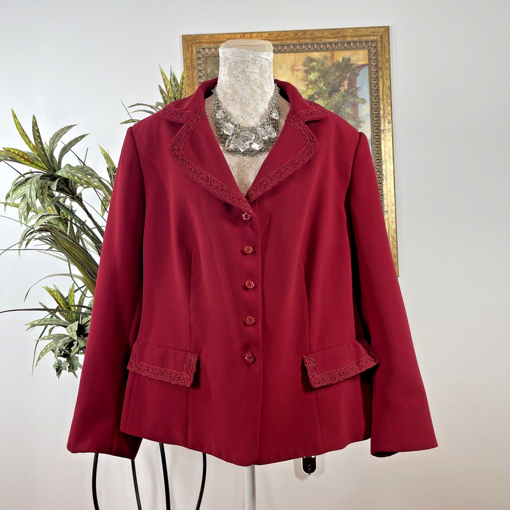 Emily Womens Blazer Plus 22W Red Embroidered Trim Button Front Career Formal